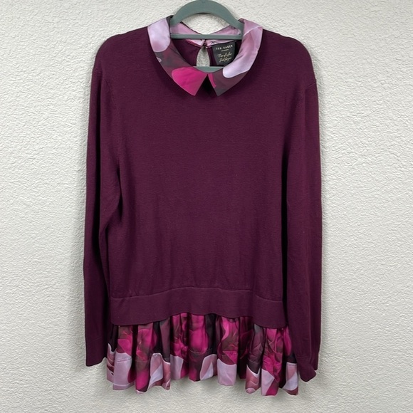 Ted Baker Brianca Porcelain Rose Layered Look Sweater Purple Peplum Sz 4 - Picture 3 of 13